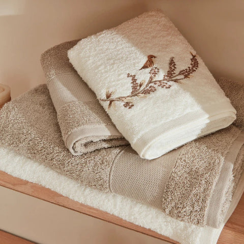 Karaca Home Bird 100% Baumwolle Familien-Badetuch-Set Creme-Hellgrau