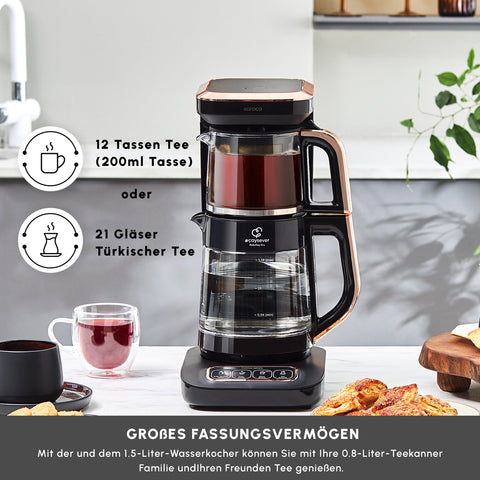 Karaca Çaysever Robotea Pro 4 in 1 Sprechende Automatische Glas-Teemaschine, Wasserkocher und Filterkaffeemaschine 2500W Schwarz Kupfer