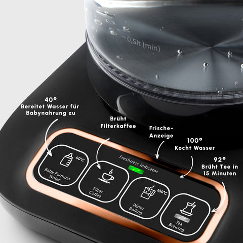 Karaca Çaysever Robotea Pro 4 in 1 Sprechende Automatische Glas-Teemaschine, Wasserkocher und Filterkaffeemaschine 2500W Schwarz Kupfer