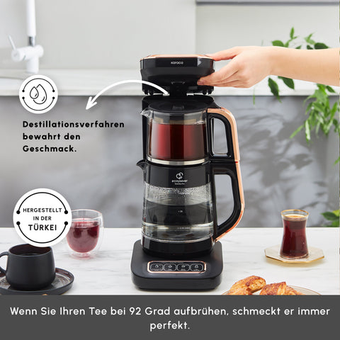 Karaca Çaysever Robotea Pro 4 in 1 Sprechende Automatische Glas-Teemaschine, Wasserkocher und Filterkaffeemaschine 2500W Schwarz Kupfer