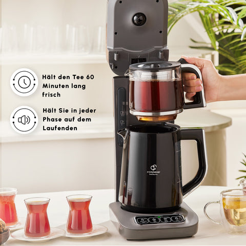 Karaca Caysever Robotea Pro 4 in 1 sprechender automatischer Teekocher Wasserkocher und Filterkaffeemaschine 2500W Space Grau