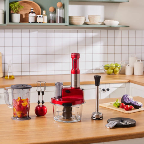 Karaca Mastermaid ProSteel Glas-Küchenmaschine mit Langem Mixfuß, 6 Klingen, 2500 W Imperial Red