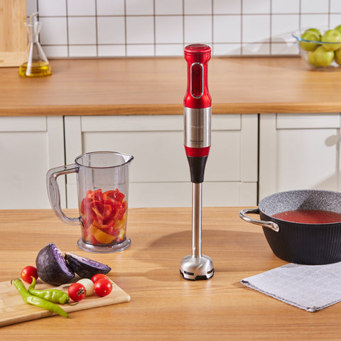 Karaca Mastermaid ProSteel Glas-Küchenmaschine mit Langem Mixfuß, 6 Klingen, 2500 W Imperial Red