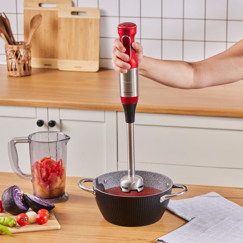 Karaca Mastermaid ProSteel Glas-Küchenmaschine mit Langem Mixfuß, 6 Klingen, 2500 W Imperial Red