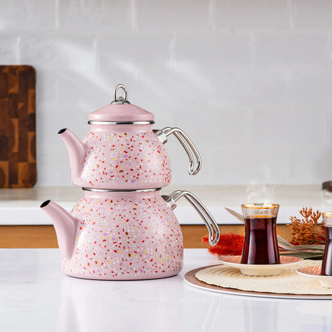 Karaca Emaye Midi Terazzo Teekanne Set Rosa