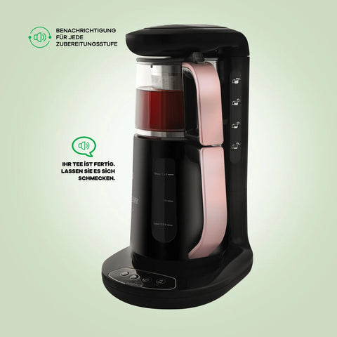 Karaca Caysever Robotea Teemaschine in schwarz mit Wasserkocher Chrom, Akzenten in Roségold und 2500 Watt Heizleistung