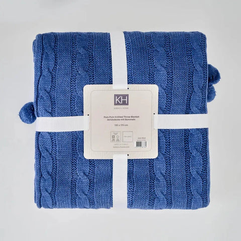 Karaca Home gestrickte Bommel Decke blau