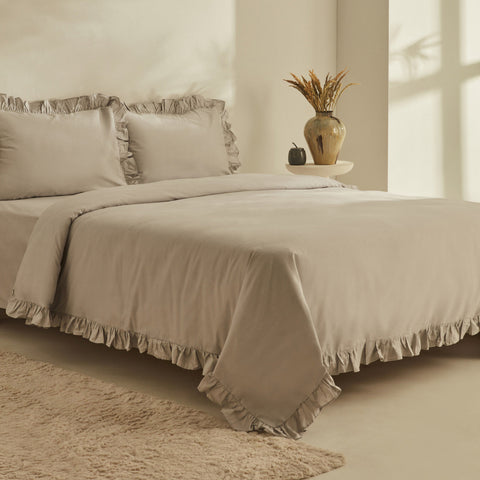 Karaca Home Pure Ruffle 100% Baumwolle Doppelbett-Bettwäsche-Set Hellgrau