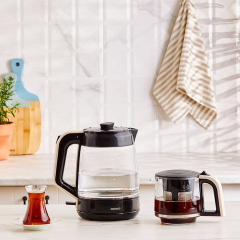 Karaca Glass Tea XL 2in1 Glas-Teezubereiter und Wasserkocher Creme