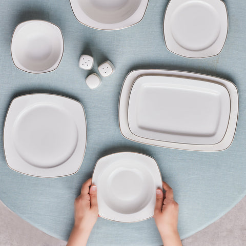 Karaca Timeless 59-teiliges Porzellan Halb-Quadratisches Dinner-Set für 12 Personen, Gold