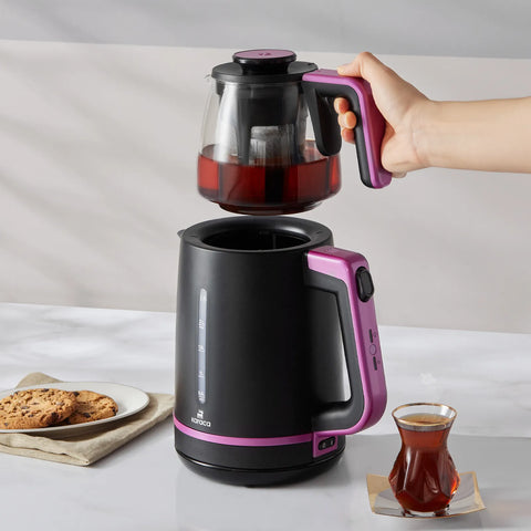 Karaca Maxi Tea XL 2in1 Teebereiter mit Glassieb und Wasserkocher Himbeere, 1700W