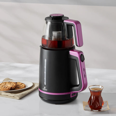 Karaca Maxi Tea XL 2in1 Teebereiter mit Glassieb und Wasserkocher Himbeere, 1700W