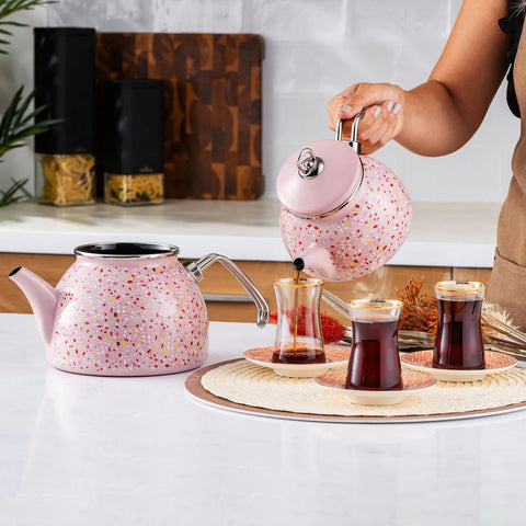 Karaca Emaye Midi Terazzo Teekanne Set Rosa