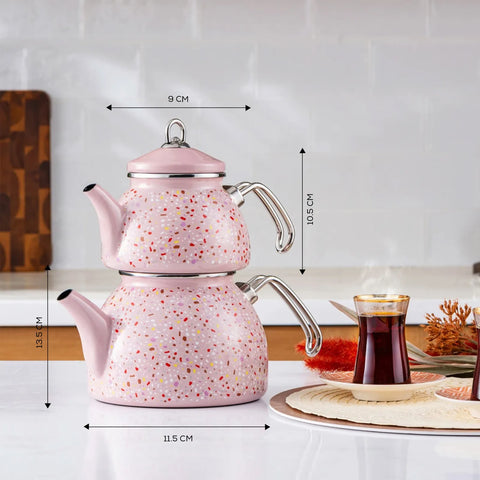 Karaca Emaye Midi Terazzo Teekanne Set Rosa