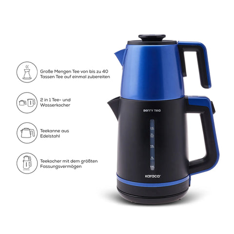 Karaca Berry Tea XL 2in1 Teebereiter mit Teekanne aus Stahl und Wasserkocher Blaubeere
