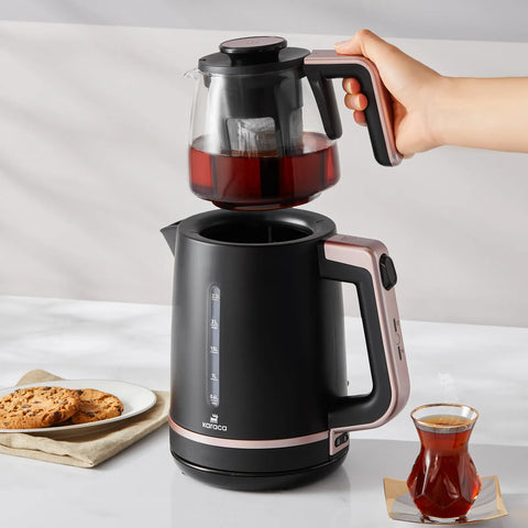 Karaca Maxi Tea XL 2in1 Teezubereiter mit Glasinfusor und Wasserkocher Roseberry, 1700W