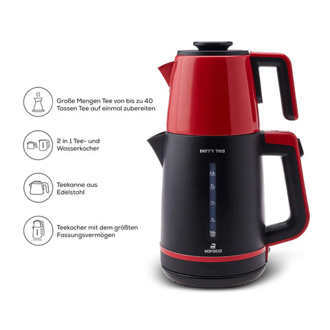 Karaca Berry Tea XL 2in1 Teezubereiter und Wasserkocher mit Stahlkanne Cranberry