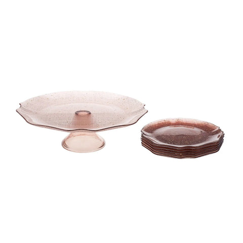 Karaca Glas Blush Kuchenständer mit Serviergeschirr Set für 6 Personen 7 Teile