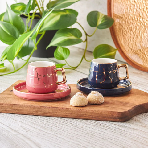 Karaca Marmor Rosa Blau 2er Set Kaffeetassen 80 ml