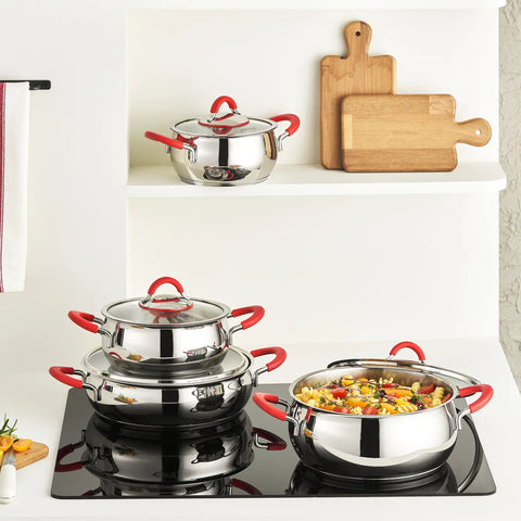 Karaca Oyster Stahl Kochtopf Set, 8-Teilig, Rot