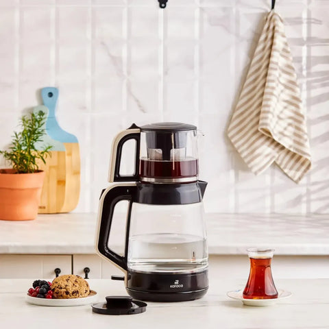 Karaca Glas Tee XL 2in1 Glas Teemaschine und Wasserkocher Creme
