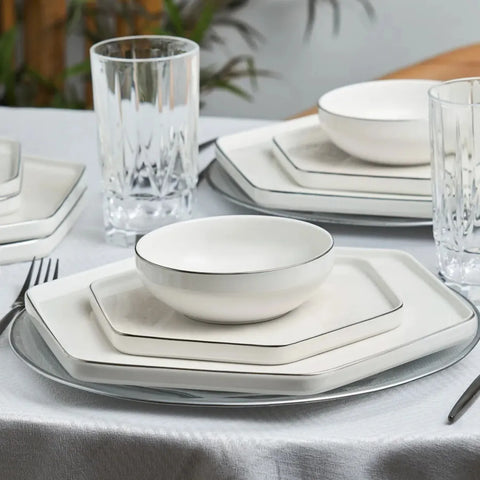Karaca Streamline Geo New Generation Bone Geschirrset für 4 Personen,12 teilig, Platin