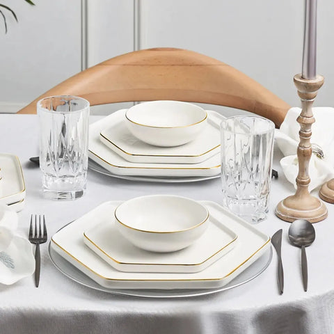 Karaca Streamline Geo New Generation Bone Geschirrset für 4 Personen, 12 teilig, Gold