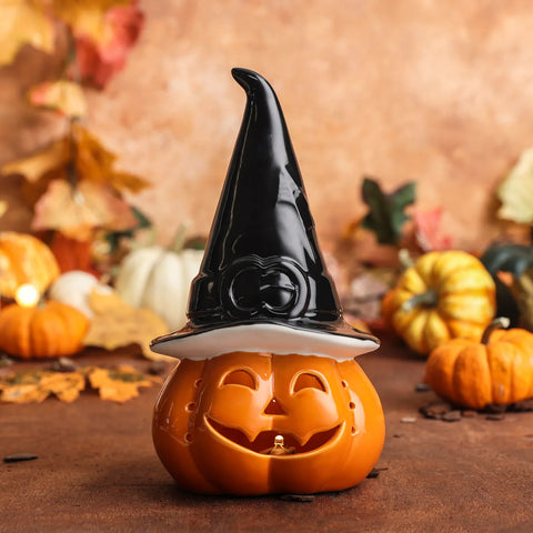 Karaca Halloween Kürbis Keramik Led Licht Teelicht, 24cm, Schwarz Orange