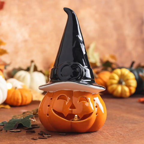 Karaca Halloween Kürbis Keramik Led Licht Teelicht, 24cm, Schwarz Orange