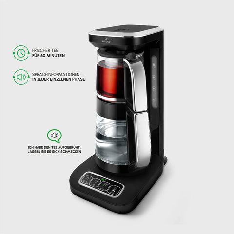 ​Karaca Çaysever Robotea Pro 4 in 1 Sprechende Automatische Glas-Teemaschine, Wasserkocher und Filterkaffeemaschine, Schwarz Chrom, 2500W