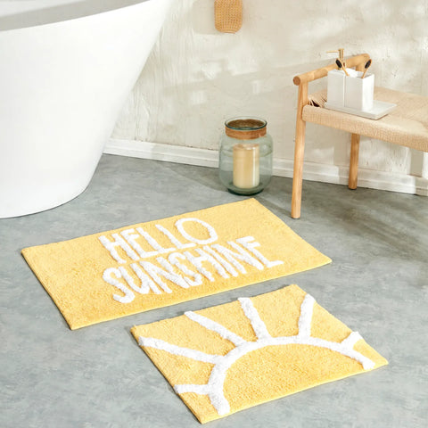 Karaca Sunshine Badematten Set, Baumwolle, Weiß Gelb, 50x40-50x80 cm