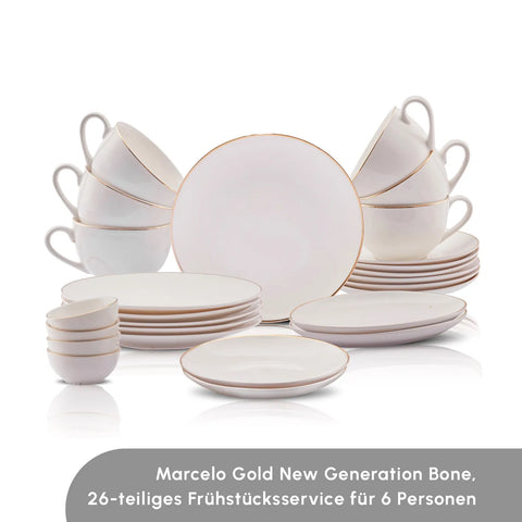 Karaca Marcelo für 6 Personen Frühstücksset und Servierschalen, 26 Teilig, New Generation Bone, Weiß Gold