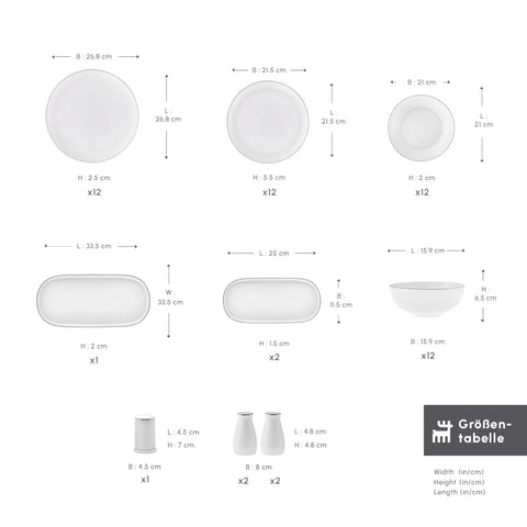 Karaca Favaro Streamline für 12 Personen Geschirrset, 56 Teilig, New Generation Bone, Platin