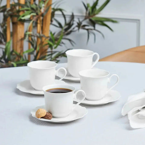 Karaca Daisy Set für 4 Personen Teetasse und Untertasse, 8 Teilig, New Generation Bone, Weiß, 260ml