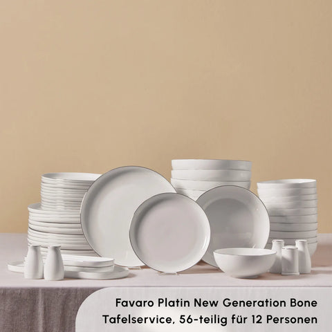 Karaca Favaro Streamline für 12 Personen Geschirrset, 56 Teilig, New Generation Bone, Platin