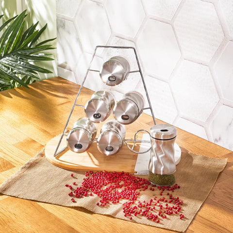 Karaca Tottori Inox Dreieckiger Ständer Gewürzset, 7 Teilig, Glas 