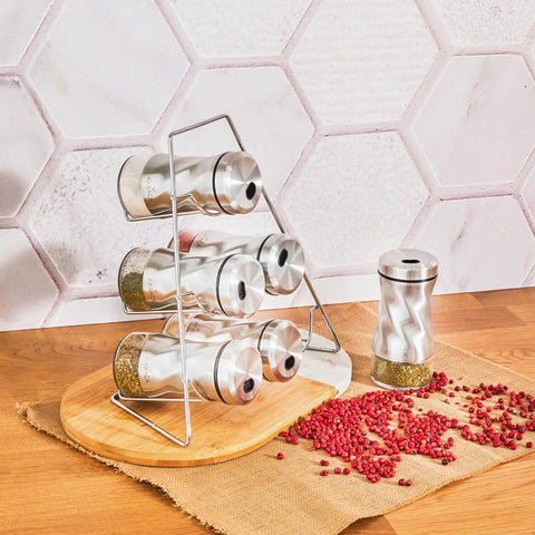 Karaca Tottori Inox Dreieckiger Ständer Gewürzset, 7 Teilig, Glas 