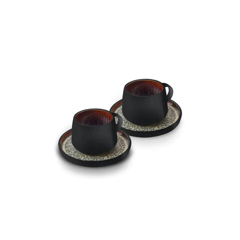 Karaca Galactic Reactive Glaze Teetasse und Untertasse Set für 2 Personen, 4 Teilig, Schwarz 