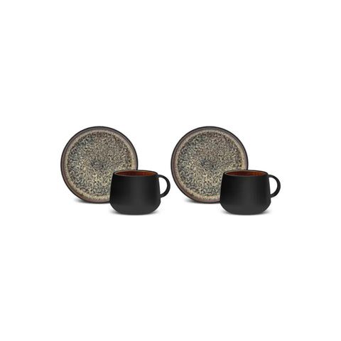 Karaca Galactic Reactive Glaze Teetasse und Untertasse Set für 2 Personen, 4 Teilig, Schwarz 