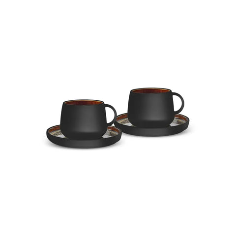 Karaca Galactic Reactive Glaze Teetasse und Untertasse Set für 2 Personen, 4 Teilig, Schwarz 