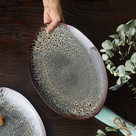 Karaca Galactic Reactive Glaze Servierteller-Set, 2 Teilig, Groß, Schwarz 