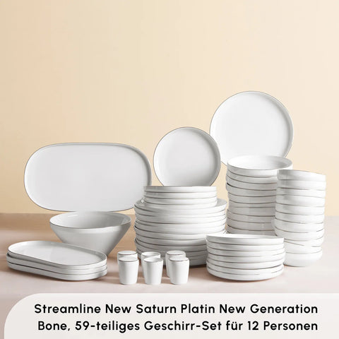 Karaca Red Carpet Collection Streamline New Saturn Platinum Geschirrset für 12 Personen, 59 Teilig, New Generation Bone