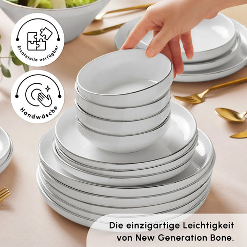 Karaca Red Carpet Collection Streamline New Saturn Platinum Geschirrset für 12 Personen, 59 Teilig, New Generation Bone
