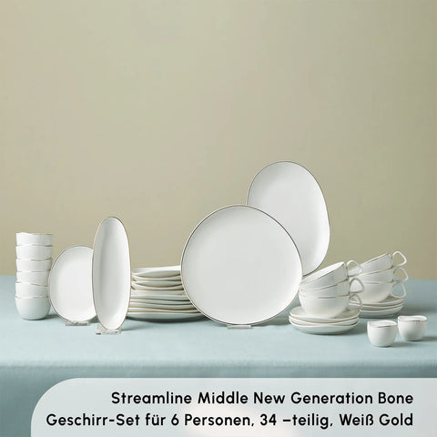 Karaca Streamline Middle Frühstücksset und Servierschalen, 34 Teilig, Porzellan, Gold