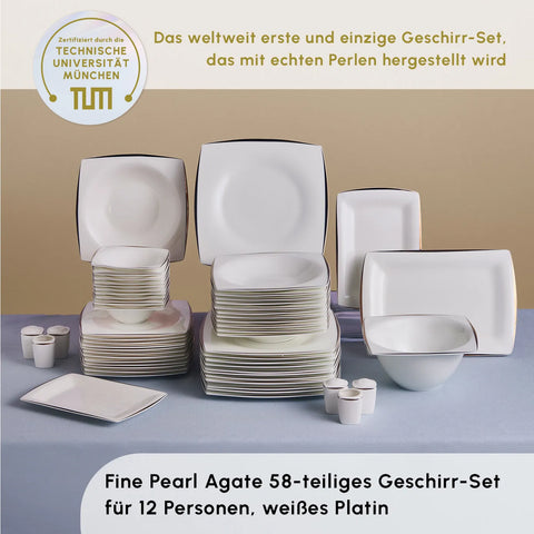 Karaca Fine Pearl New Agate Platin 12 Personen, Quadratisch Geschirrset, 58 Teilig