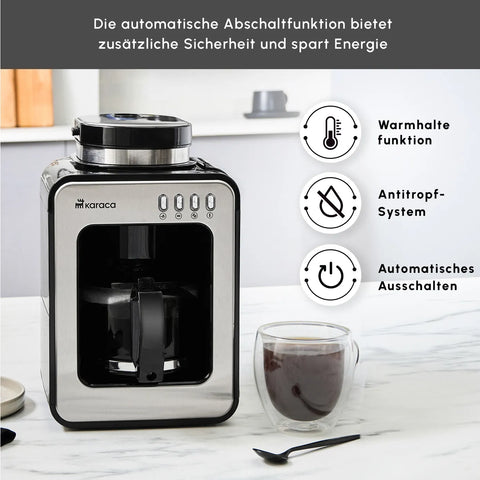 Karaca Grindmaestro Filter-Kaffeemaschine mit Eingebaute Kaffeemühle, 0,5L, 600W, Inox