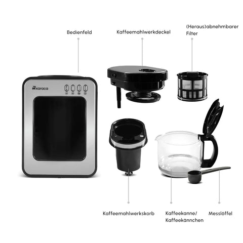 Karaca Grindmaestro Filter-Kaffeemaschine mit Eingebaute Kaffeemühle, 0,5L, 600W, Inox