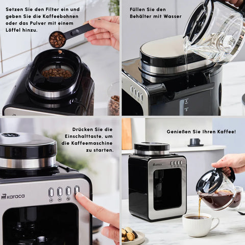 Karaca Grindmaestro Filter-Kaffeemaschine mit Eingebaute Kaffeemühle, 0,5L, 600W, Inox
