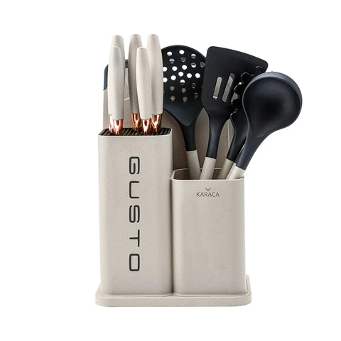Karaca Gusto 12-teiliges Messer-/Schneidebrett-Set in Creme