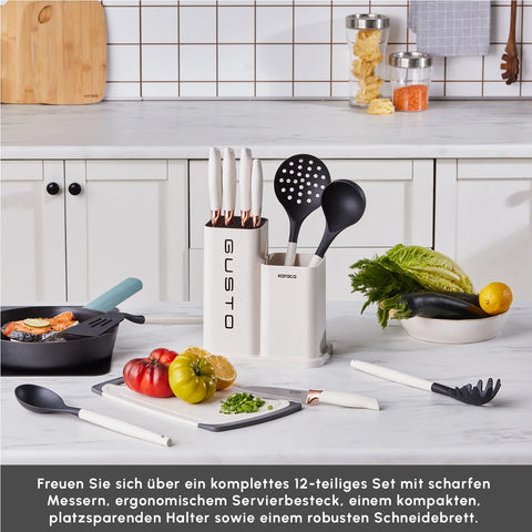 Karaca Gusto 12-teiliges Messer-/Schneidebrett-Set in Creme
